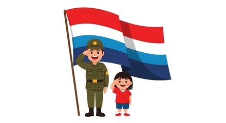 A cartoon illustration depicts a soldier and a child saluting a waving flag.