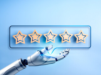 AI customer feedback analysis, innovation technology concept. Robot hand holding five stars rating in speech bubble, on blue background. Artificial intelligence with 5 stars award, excellence prize.