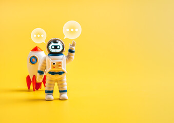 Artificial intelligence technology, business startup concept. AI chatbot astronaut who raise hand to say hello, with conversation speech bubbles, near rocket jet, yellow background with copy space.