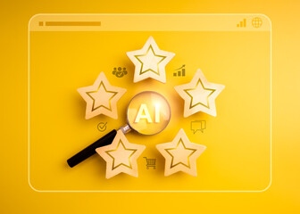 Artificial intelligence customer feedback analysis concept. "AI" in magnifying glass, surrounded with five stars rating and business marketing icons on satisfaction website page, yellow background.