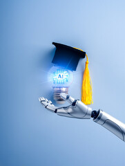 AI learning, artificial intelligence education assistant technology concept. AI chip icon glowing inside light bulb, wearing graduation hat, holding by robot humanoid hand on blue vertical background.