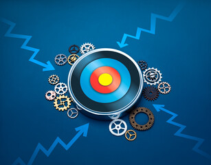Stakeholder, same mission, online marketing strategy, goal and success management concept. Big chrome target icon surrounded with hit arrows and many small gears on blue background, minimalist.