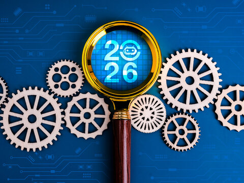 Happy new year 2026, SEO with AI tools, technology concept. 2026 calendar numbers with chatbot icon in magnifying glass, and workflow gears on data system, circuit graphics, blue digital background.
