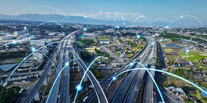 highway, network, communication, logistics, aerial view, drone, transportation, traffic, system, its, maas, dx, ict, cloud, line, radio wave, wireless, radio, 5g, 6g, data, automobile, autonomous driv