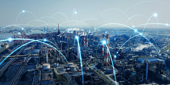 Drone aerial view of industrial area and communication network concept. Wide angle visual for banners or advertisements.