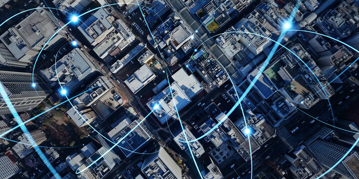 network, city, drone, overhead view, aerial view, communication, dx, digital transformation, iot, speed, radio wave, line, mesh, communication network, society, directly above, data, cloud, system, 5g
