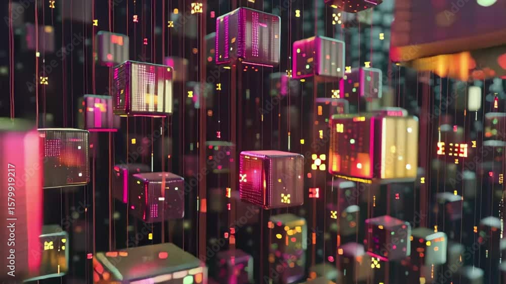 Poster cubes with hex code suspended in mid air representing digital data storage and technology concepts, 
