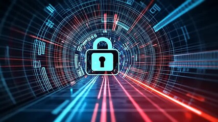 Digital security concept featuring a lock surrounded by a futuristic data tunnel with glowing lines - Powered by Adobe