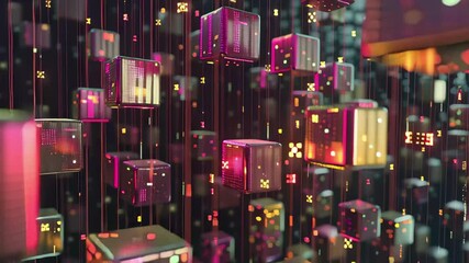 Cubes with hex code suspended in mid air representing digital data storage and technology concepts, Cubes with hex code in mid air Digital data storage visualization Seamless 3D render - Powered by Adobe