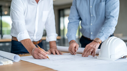 p3685236 21 Two architects discuss construction plans in office with white helmet and architectural drawings on table 59052719 1