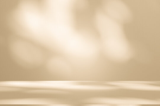 Wall interior background, studio and backdrops show products. with leaf shadow from window color beige and white. background for text insertion and presentation of product	