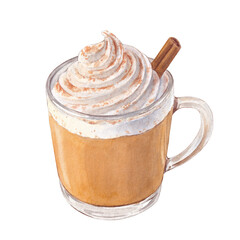 Watercolor pumpkin spice latte with whipped cream and cinnamon stick. Autumn hot drink illustration