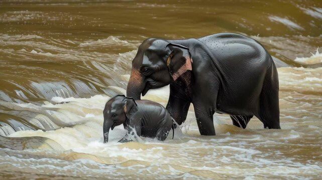 Mother and baby elephants play in the Maha Oya river in Pinna during a sunny day, Mother and baby elephant on Maha Oya river in Pinnawala Sri Lanka