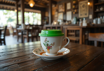 A charming vintage teacup with a green lid rests elegantly on a wooden table in a cozy coffee shop setting.