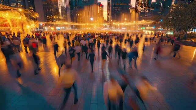 Hyperlapse captures the bustling energy of a crowded tourist spot in Nat during twilight, Hyperlapse of people at popular tourist spot in Nathan Phillips Square in Toronto