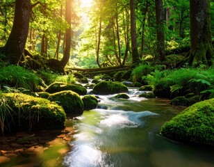 Obraz premium Sunlight streams through lush forest over a mossy creek