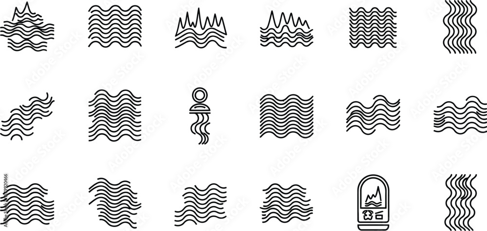 Poster vector art of a collection of wavy line illustrations depicting water and abstract wave patterns iso