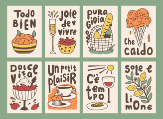 La Dolce Vita Poster with Phrase Set. Vintage hand drawn Simple life quotes with food and drink vector illustration in sketch style. Restaurant and cafe interior decor art