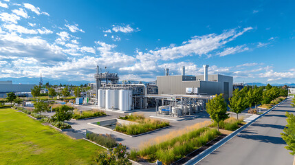p3685236 72 A modern hydrogen production facility showcases gleaming H2 tanks, surrounded by pipelines and greenery, all set against a blue sky with industrial elements 35889197 1