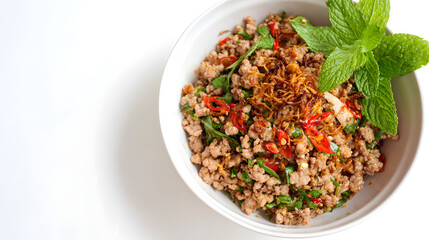 Minced Pork Stir Fried with Shallots and Chili Flakes in a White Bowl Garnished with Fresh Herbs