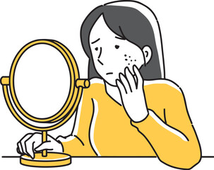 鏡に映ったニキビに悩む女性