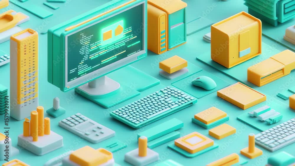 Poster isometric coding concept showcasing a minimalist cartoon style with colorful technology elements, is