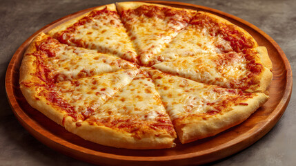 Traditional Baked Cheese Pizza with Golden Crust Served on a Wooden Board Ready to Be Enjoyed by Everyone