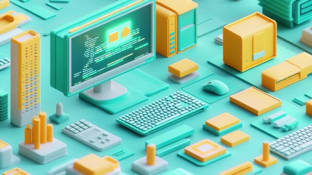 Isometric coding concept showcasing a minimalist cartoon style with colorful technology elements, Isometric coding concept Minimal cartoon style 3D render