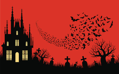  Halloween Design Background with Graveyard, Bare Trees, Graves, and Bats Ideal for Seasonal Invitations, Posters, Party Flyers, Digital Graphics, and Copyspace Layouts

