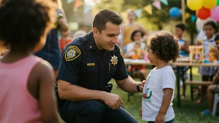 Friendly police officer kneeling down to talk with a smiling toddler at an outdoor community event. Community policing and building trust with local youth.