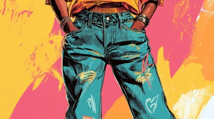 Fototapeta premium A woman is wearing blue jeans with a logo on the back