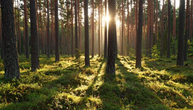 Sunlight streams through pine trees