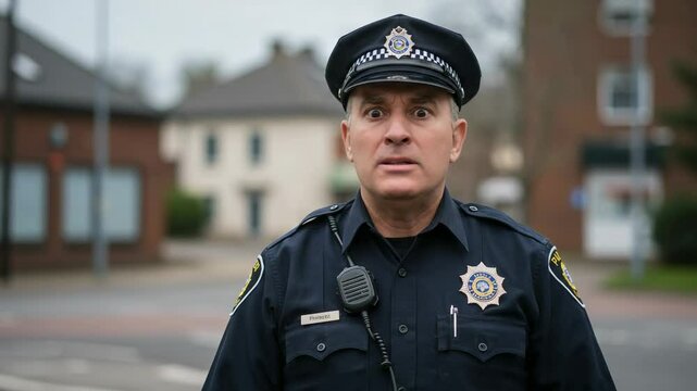 Expressive middle-aged white police officer with a shocked look on his face. Man in uniform shouting outdoors.