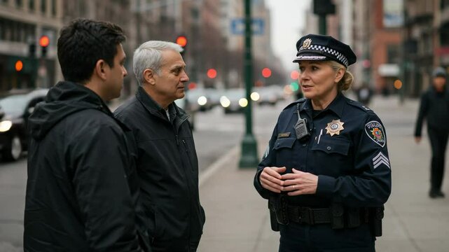 Female police officer talking to two men on a city street. Law enforcement sergeant providing assistance to civilians. Community policing and public safety concept.