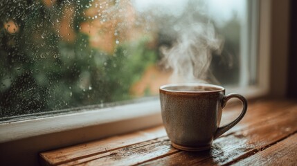 Cozy mug of hot drink by a rainy window