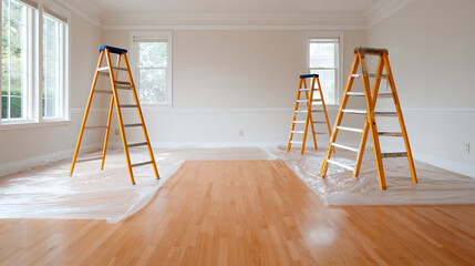 p3685236 154 Renovating an empty room with protective plastic and a ladder for painting tasks 33882695 1