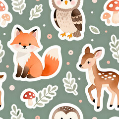 Seamless pattern, Watercolor Baby Forest Animals