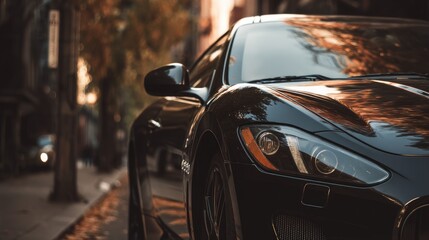Close up of modern dark colored sports car