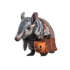 Adorable Armadillo in Halloween Costume Carrying Trick-or-Treat Bucket