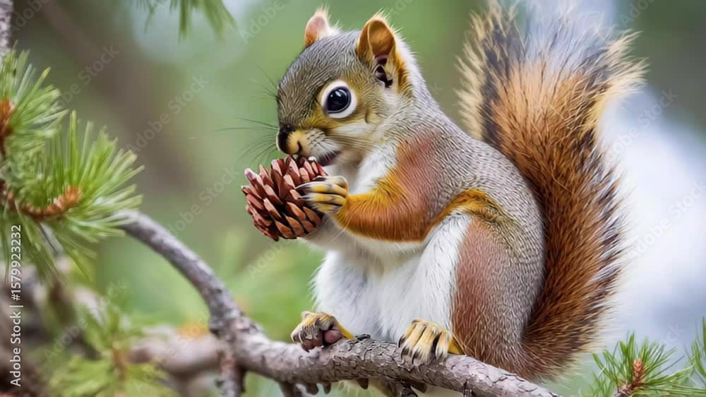 Poster squirrel enjoys eating a pine cone while perched on a branch in a lush tree, squirrel eating pine co