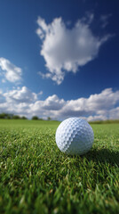 Obraz premium A pristine white golf ball rests on a lush green grass field under a vibrant blue sky with fluffy white clouds providing a tranquil and idyllic summer golf scene.