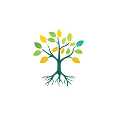 Obraz premium Stylized Tree with Roots and Color Leaves Isolated on a White Background Design