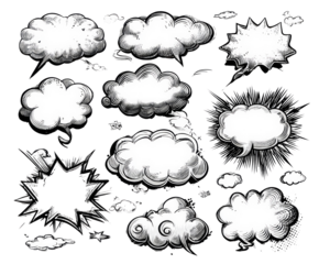 A set of cartoon clouds with a variety of shapes and sizes