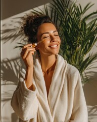 Woman applying face serum with pipette, enjoying morning routine