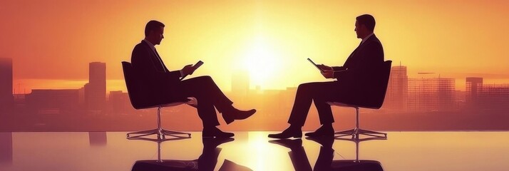 Two Men Discussing in a Meeting with City Sunset and Relaxing Environment