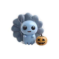 Obraz premium Adorable 3D Render of a Cute Ghost in a Veil with a Jack-o'-lantern for Halloween