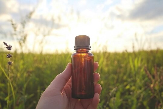 hand holds amber bottle with sunlight and field as background and herbal blend
