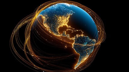 World Globe with Glowing Networks Over North and South America