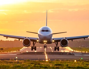 Naklejka premium Airplane landing at sunset (4)