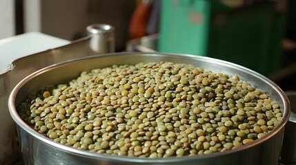 Obraz premium Green lentils fill a metal bowl.